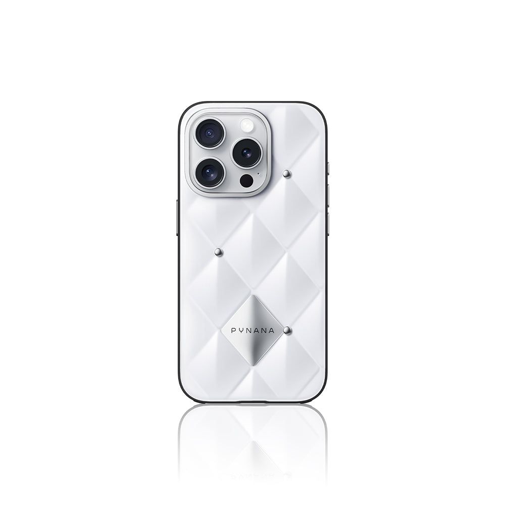 Apple iPhone 16 Pro Kılıf Parlak Arka Yüzeyli Kabartma Tasarımlı Kapitone Pynana Metal Diamond Serisi Kapak - Görsel 2