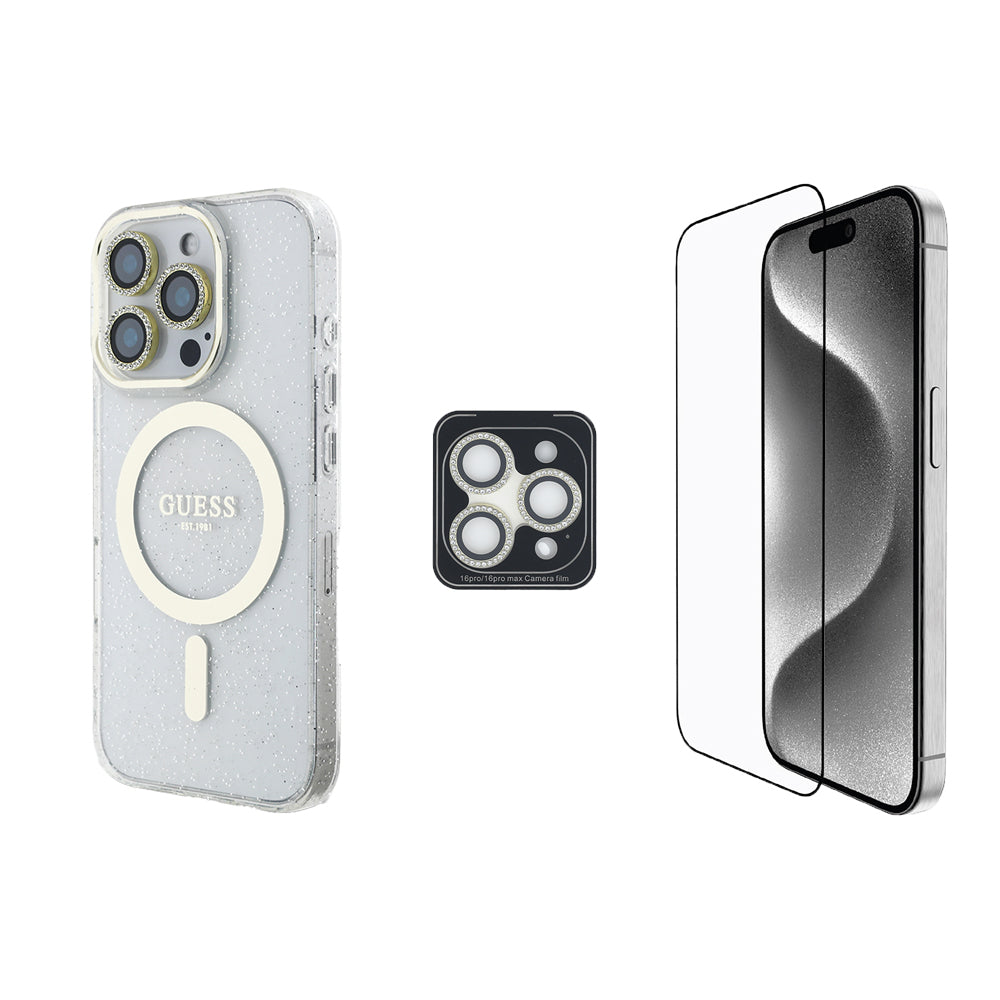 Apple iPhone 16 Pro Max Guess Orjinal Lisanslı 3'lü Aksesuar Seti IML Baskılı Simli Glitter Kılıf + Ekran Koruyucu + Lens Koruyucu - Görsel 2