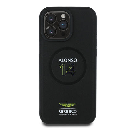 Apple iPhone 16 Pro Max Kılıf Aston Martin Orjinal Lisanslı M-safe Şarj Özellikli PU Deri Alonso 14 Baskılı Kapak