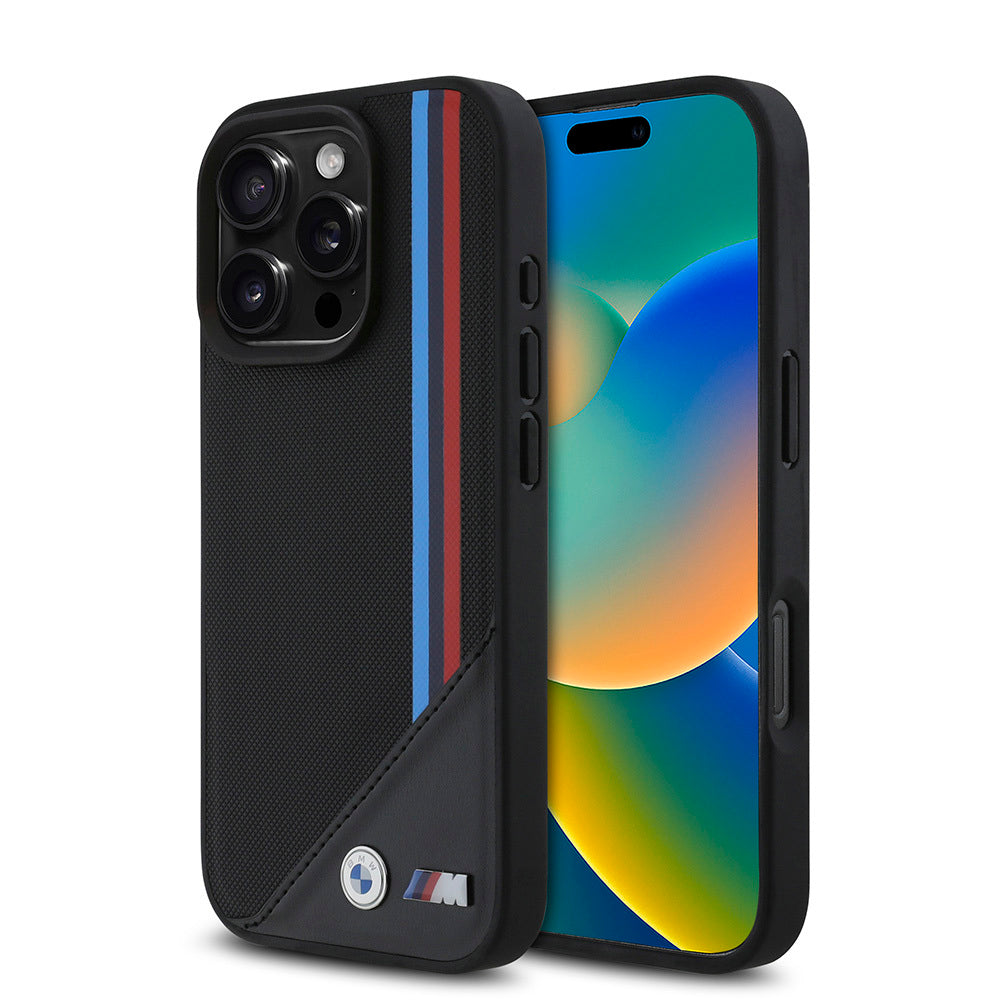 Apple iPhone 16 Pro Max Kılıf BMW Orjinal Lisanslı M-safe Şarj Özellikli M Logolu Üç Çizgili Dikiş Detaylı Meshed Tricolor Stripes Kapak - Görsel 2