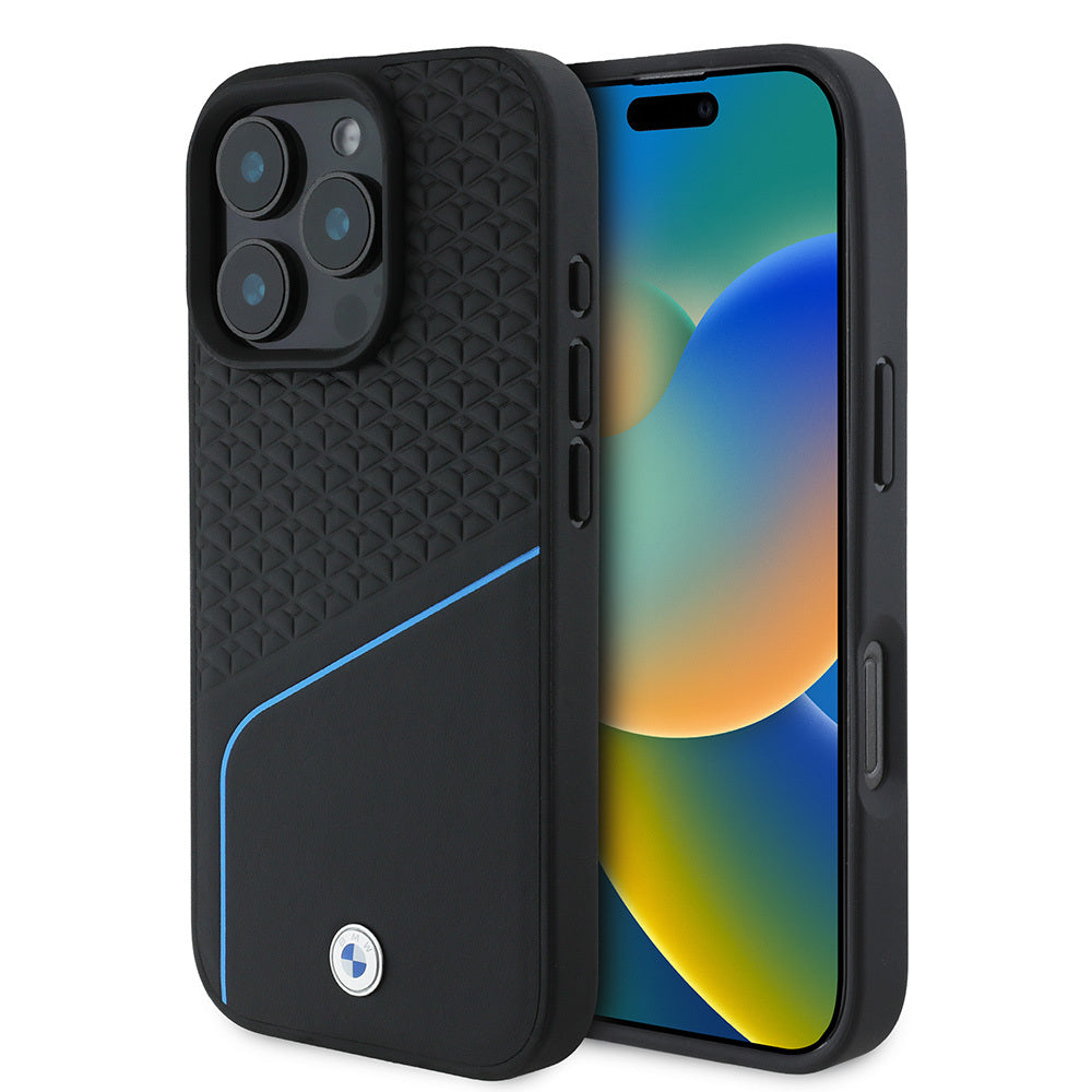 Apple iPhone 16 Pro Max Kılıf BMW Orjinal Lisanslı M-safe Şarj Özellikli Metal Logolu Dokulu ve Çizgili Deri Kapak - Görsel 2