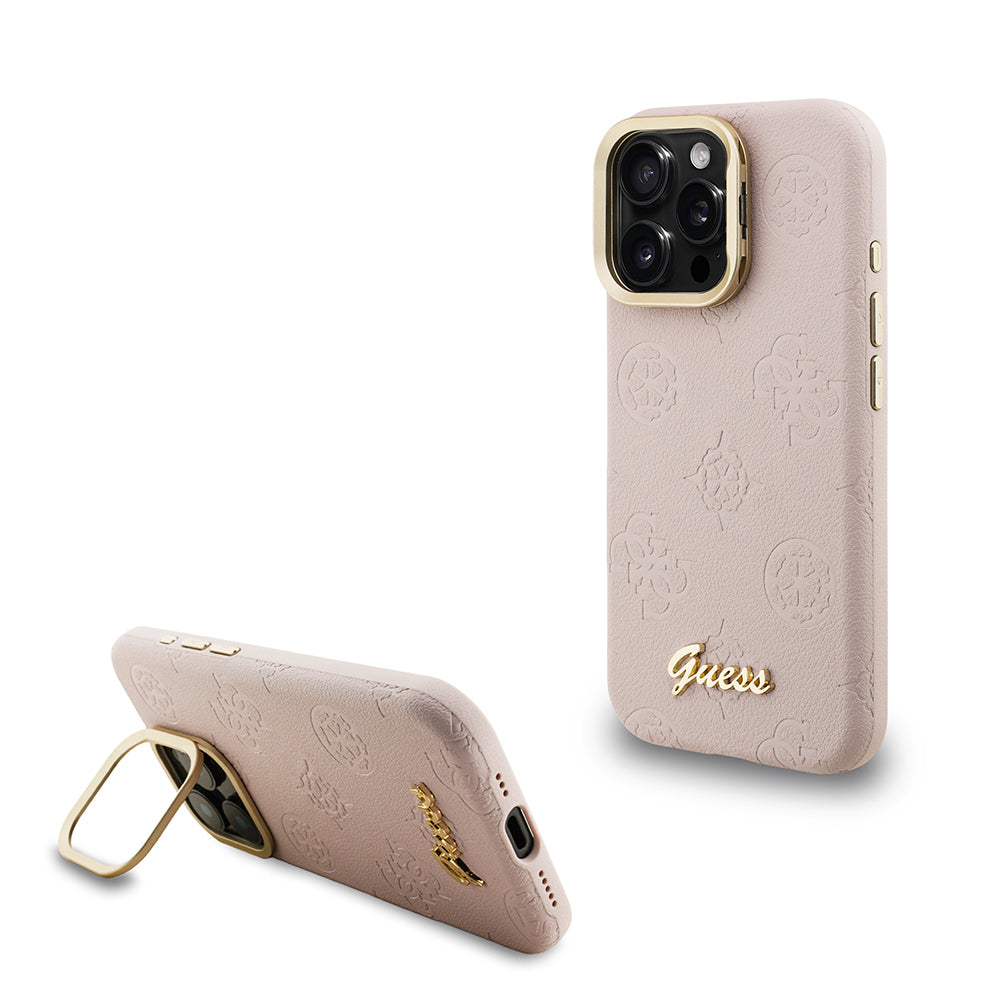 Apple iPhone 16 Pro Max Kılıf Guess Orjinal Lisanslı M-safe Şarj Özellikli Sıcak Baskılı Yazı Logolu Kamera Standlı PU Deri Peony Kapak - Görsel 4