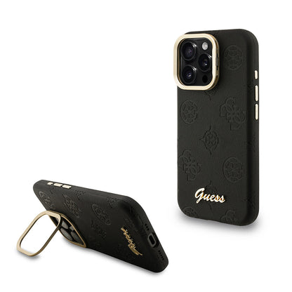Apple iPhone 16 Pro Max Kılıf Guess Orjinal Lisanslı M-safe Şarj Özellikli Sıcak Baskılı Yazı Logolu Kamera Standlı PU Deri Peony Kapak - Görsel 2