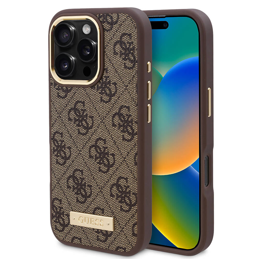 Apple iPhone 16 Pro Max Kılıf Guess Orjinal Lisanslı M-safe Şarj Özellikli 4G Desenli PU Metal Plaka Klasik Logolu Kapak - Görsel 3