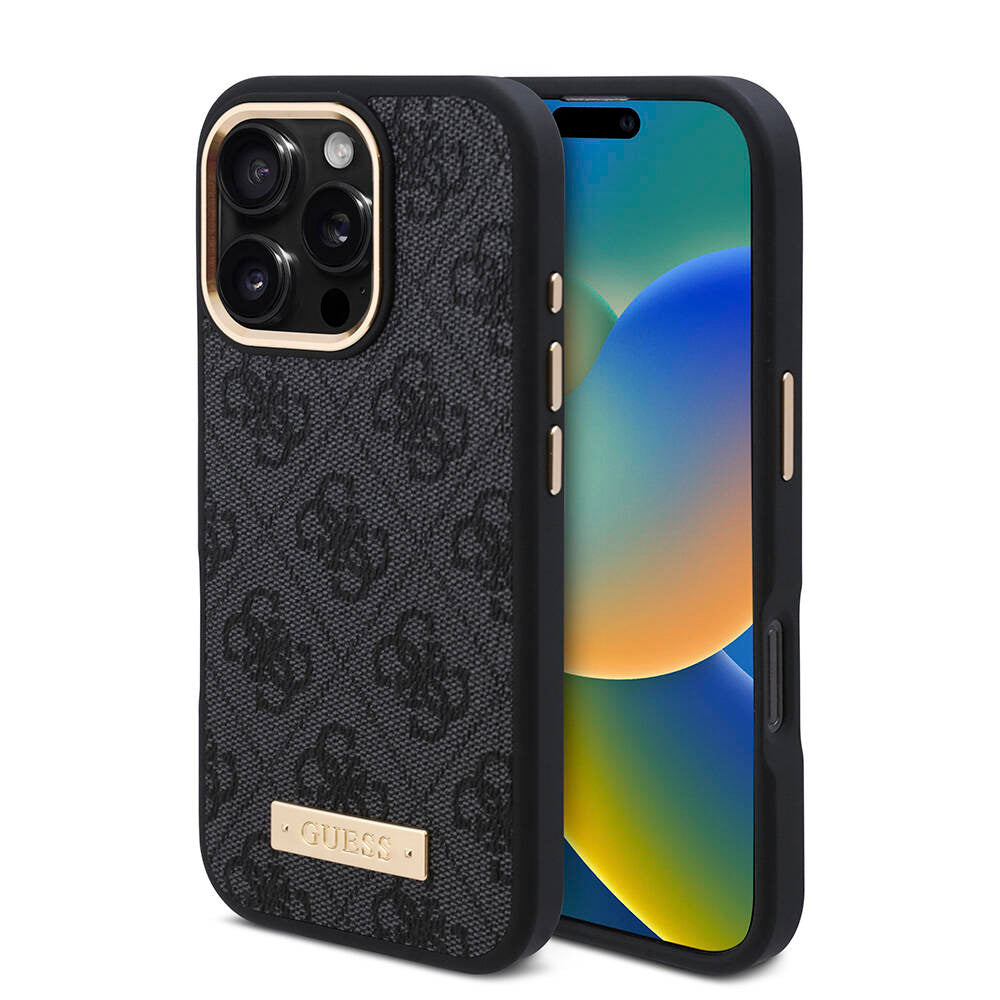 Apple iPhone 16 Pro Max Kılıf Guess Orjinal Lisanslı M-safe Şarj Özellikli 4G Desenli PU Metal Plaka Klasik Logolu Kapak - Görsel 2