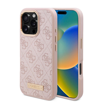 Apple iPhone 16 Pro Max Kılıf Guess Orjinal Lisanslı M-safe Şarj Özellikli 4G Desenli PU Metal Plaka Klasik Logolu Kapak