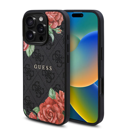 Apple iPhone 16 Pro Max Kılıf Guess Orjinal Lisanslı M-safe Şarj Özellikli Gül Baskılı 4G Desenli Yazı Logolu Kapak - Görsel 3