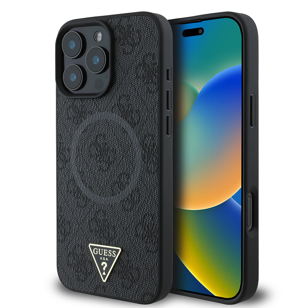 Apple iPhone 16 Pro Max Kılıf Guess Orjinal Lisanslı M-safe Şarj Özellikli PU Üçgen Logo 4G Desenli Kapak - Görsel 3