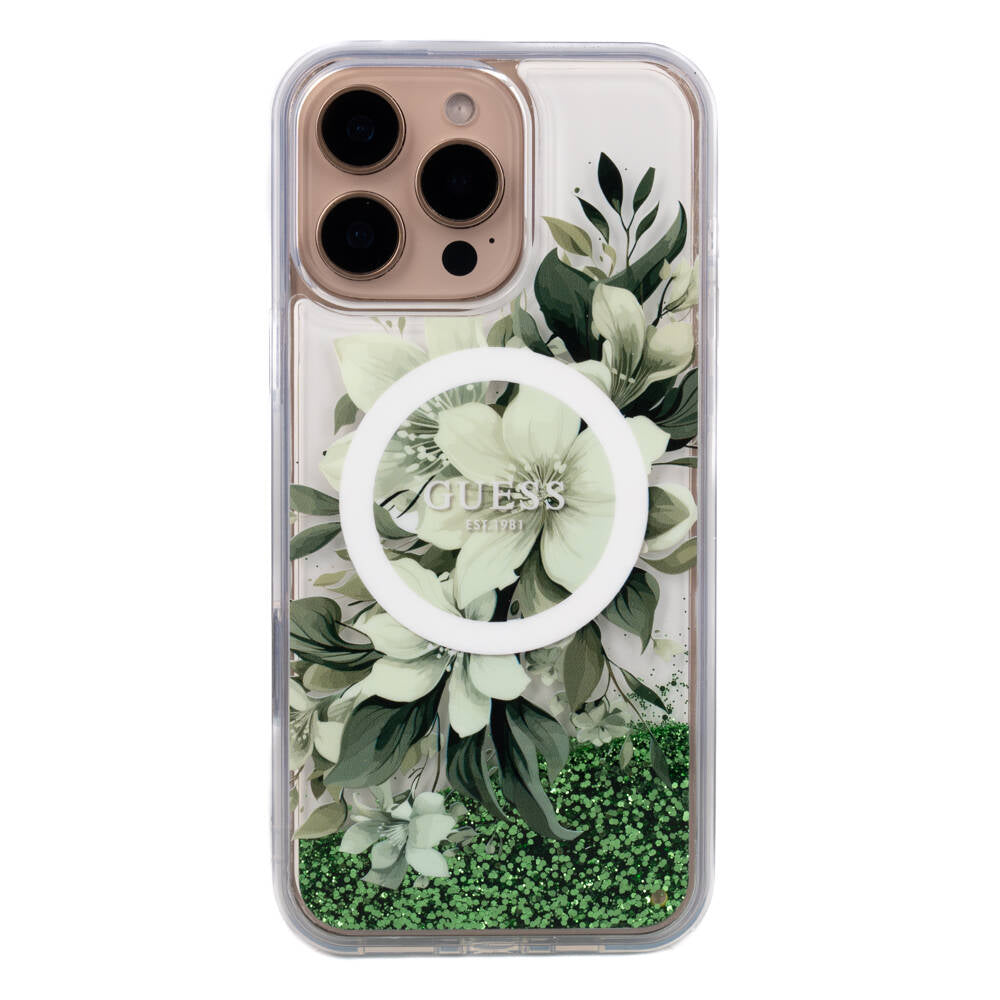 Apple iPhone 16 Pro Max Kılıf Guess Orjinal Lisanslı M-safe Şarj Özellikli Sıvılı Simli Çiçek Desenli Kapak - Görsel 4