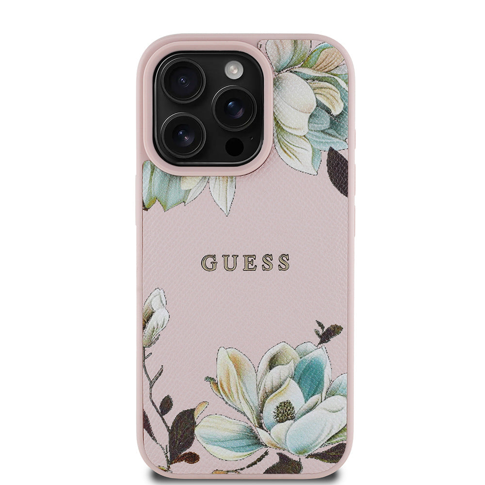 Apple iPhone 16 Pro Max Kılıf Guess Orjinal Lisanslı M-safe Şarj Özellikli Taneli Çiçek Tasarımlı Metal Yazı Logolu Kapak - Görsel 3