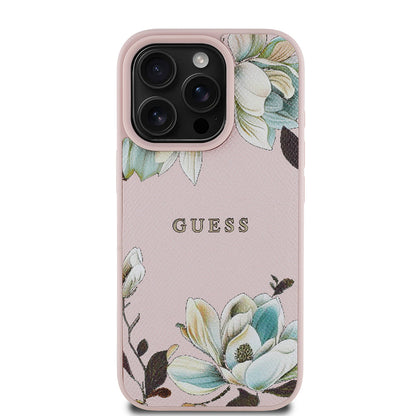 Apple iPhone 16 Pro Max Kılıf Guess Orjinal Lisanslı M-safe Şarj Özellikli Taneli Çiçek Tasarımlı Metal Yazı Logolu Kapak - Görsel 3