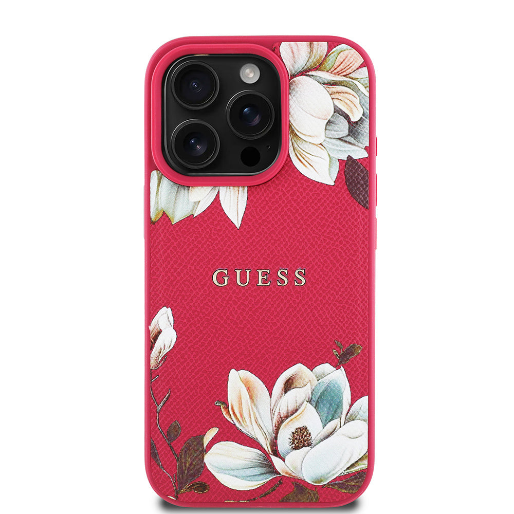 Apple iPhone 16 Pro Max Kılıf Guess Orjinal Lisanslı M-safe Şarj Özellikli Taneli Çiçek Tasarımlı Metal Yazı Logolu Kapak - Görsel 4