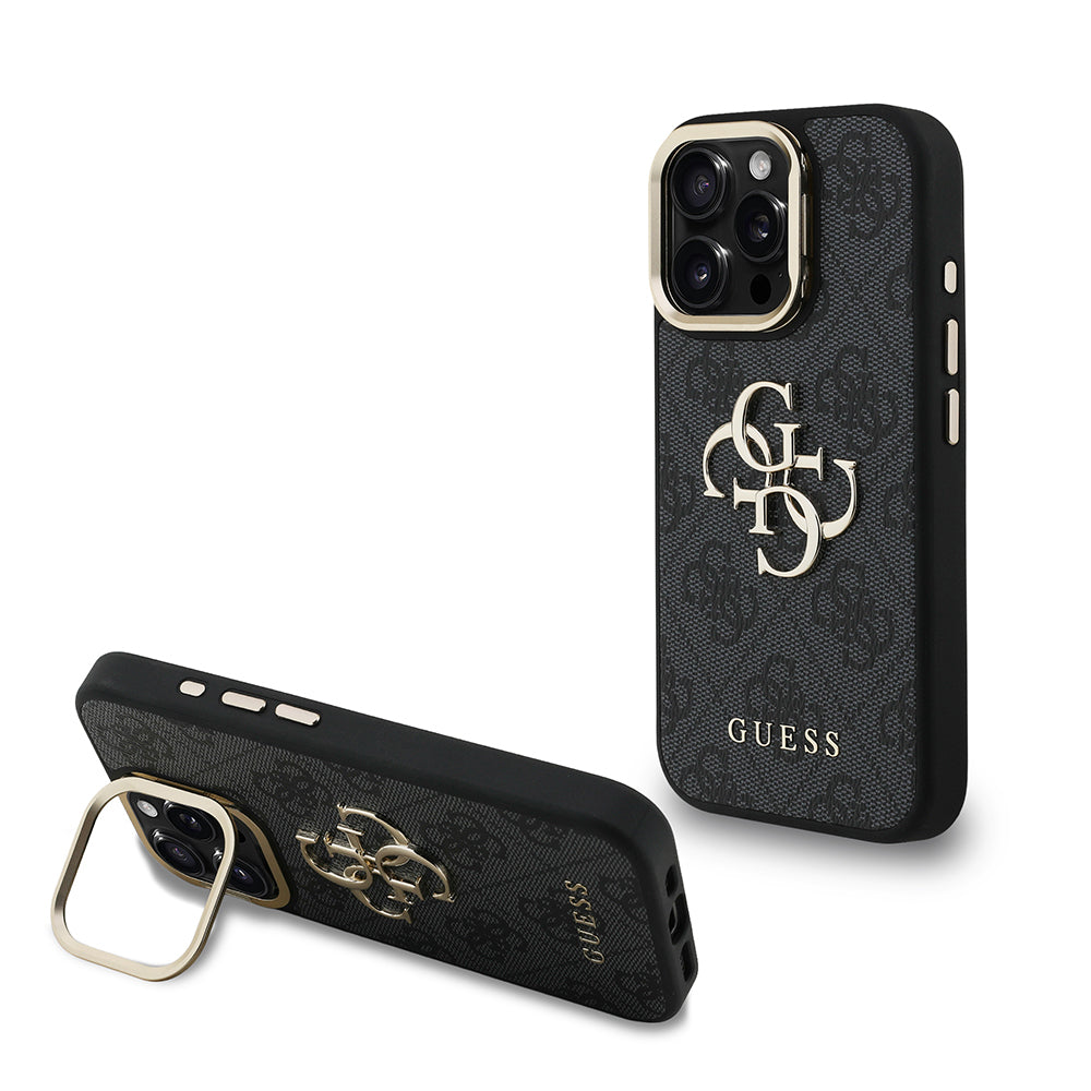Apple iPhone 16 Pro Max Kılıf Guess Orjinal Lisanslı PU Deri 4G Desenli Metal Büyük 4G ve Yazı Logolu Kamera Standlı Kapak - Görsel 3