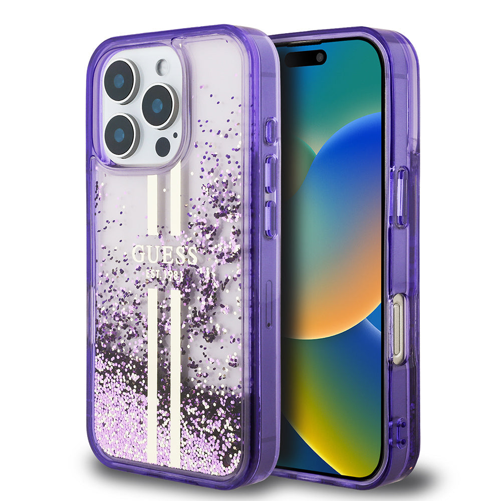 Apple iPhone 16 Pro Max Kılıf Guess Orjinal Lisanslı Transparan Sıvılı Simli Altın Çizgili Kapak - Görsel 2