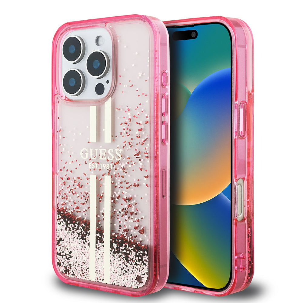 Apple iPhone 16 Pro Max Kılıf Guess Orjinal Lisanslı Transparan Sıvılı Simli Altın Çizgili Kapak - Görsel 3