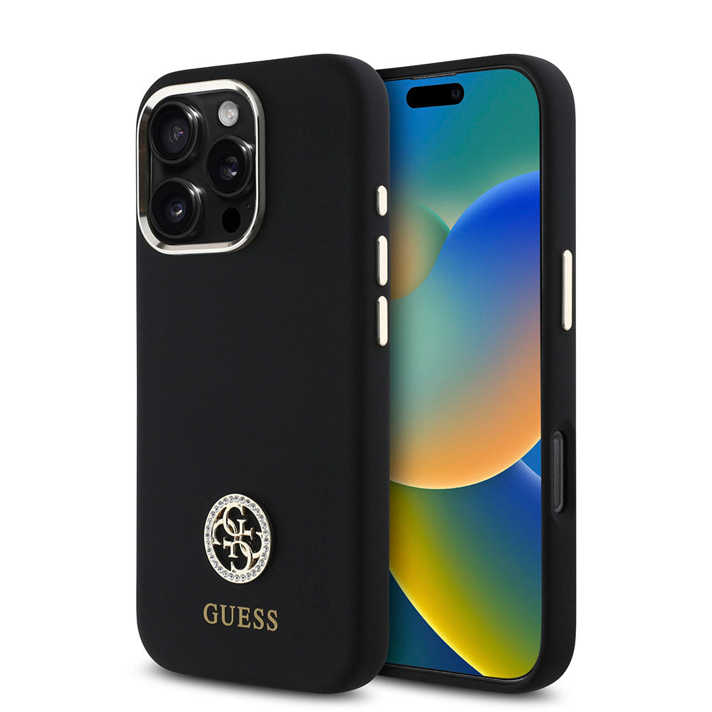 Apple iPhone 16 Pro Max Kılıf Guess Orjinal Lisanslı Yazı ve Taşlı 4G Logolu Metal Kamera Çerçeveli Silikon Kapak - Görsel 2