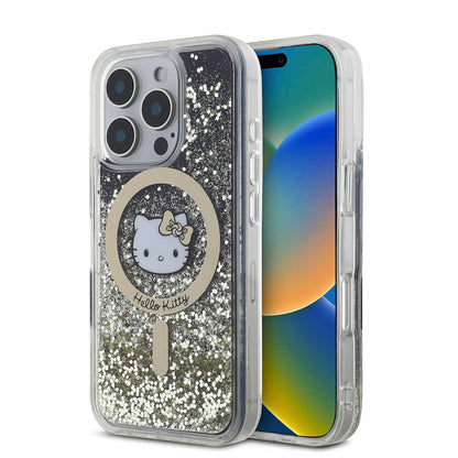 Apple iPhone 16 Pro Max Kılıf Hello Kitty Orjinal Lisanslı M-safe Şarj Özellikli IML Baskı Kitty Head Logolu Sıvılı Simli Altın Ateşi Kapak - Görsel 2