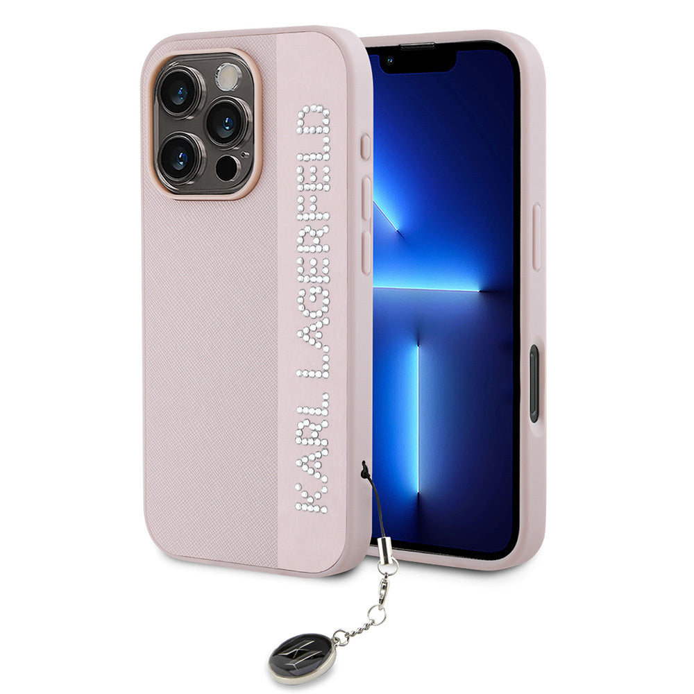 Apple iPhone 16 Pro Max Kılıf Karl Lagerfeld Orjinal Lisanslı Anahtarlıklı Taşlı KL Yazılı Saffiano Rhinestones Kapak - Görsel 3