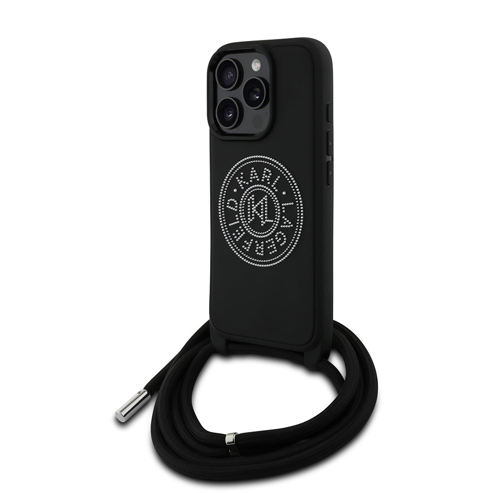 Apple iPhone 16 Pro Max Kılıf Karl Lagerfeld Orjinal Lisanslı Askı İpli Taşlı KL Yazılı Crossbody Cord Kapak - Görsel 2