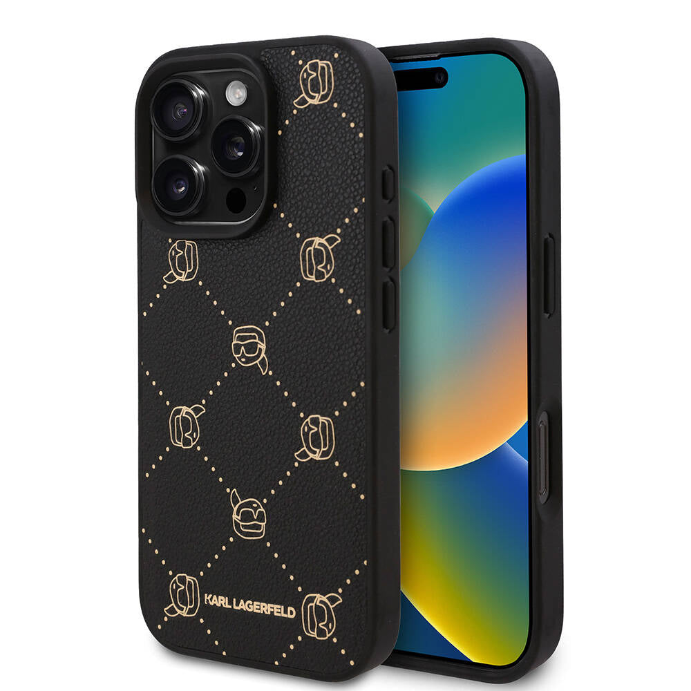 Apple iPhone 16 Pro Max Kılıf Karl Lagerfeld Orjinal Lisanslı M-safe Şarj Özellikli PU Deri Karl Heads Desenli Klasik Logolu Kapak - Görsel 2