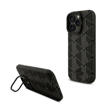 Apple iPhone 16 Pro Max Kılıf Lacoste Orjinal Lisanslı M-safe Şarj Özellikli Standlı PU Deri Karışık Monogram Desenli Kapak