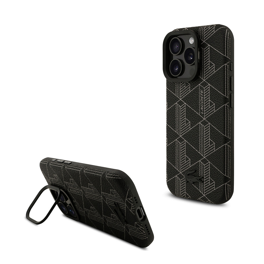 Apple iPhone 16 Pro Max Kılıf Lacoste Orjinal Lisanslı M-safe Şarj Özellikli Standlı PU Deri Karışık Monogram Desenli Kapak - Görsel 2