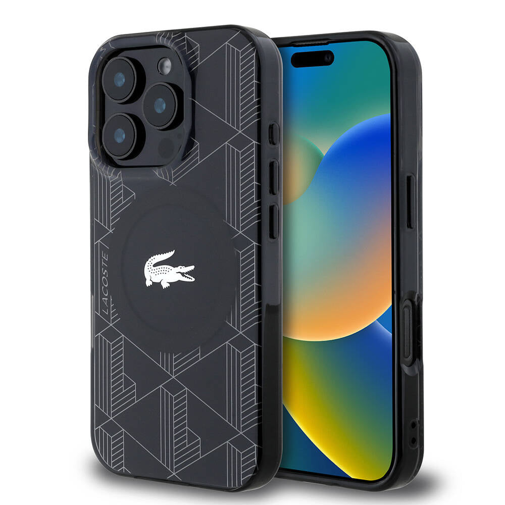 Apple iPhone 16 Pro Max Kılıf Lacoste Orjinal Lisanslı M-safe Şarj Özellikli IML Baskılı Gümüş Timsah Logolu Monogram Kapak - Görsel 3