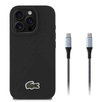 Apple iPhone 16 Pro Max Kılıf Lacoste Orjinal Lisanslı PU Pike Desenli Arka Yüzey İkonik Timsah Dokuma Logolu Kapak + Type-C Kablo 1.5m - Görsel 2