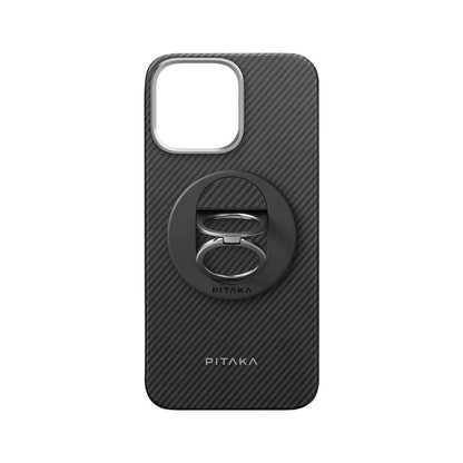 Apple iPhone 16 Pro Max Kılıf M-safe Şarj Özellikli Grip 3 Standlı 600D Aramid Fiber Pitaka Ultra-Slim Classic Serisi Black-Grey Twill Kapak - Görsel 2