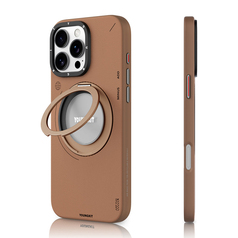 Apple iPhone 16 Pro Max Kılıf M-safe Şarj Özellikli 360° Standlı Basit Mat Deri Desenli Youngkit Tech Leather Serisi Kapak - Görsel 4