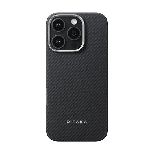 Apple iPhone 16 Pro Max Kılıf M-safe Şarj Özellikli 600D Aramid Fiber Pitaka Ultra-Slim Classic Serisi Black-Grey Twill Kapak