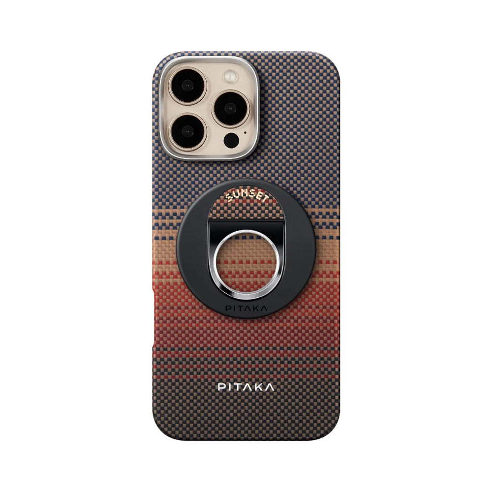 Apple iPhone 16 Pro Max Kılıf M-safe Şarj Özellikli Grip 3 Standlı Aramid Fiber Pitaka Tactile Woven Sunset-Moonrise Serisi Sunset Kapak - Görsel 2