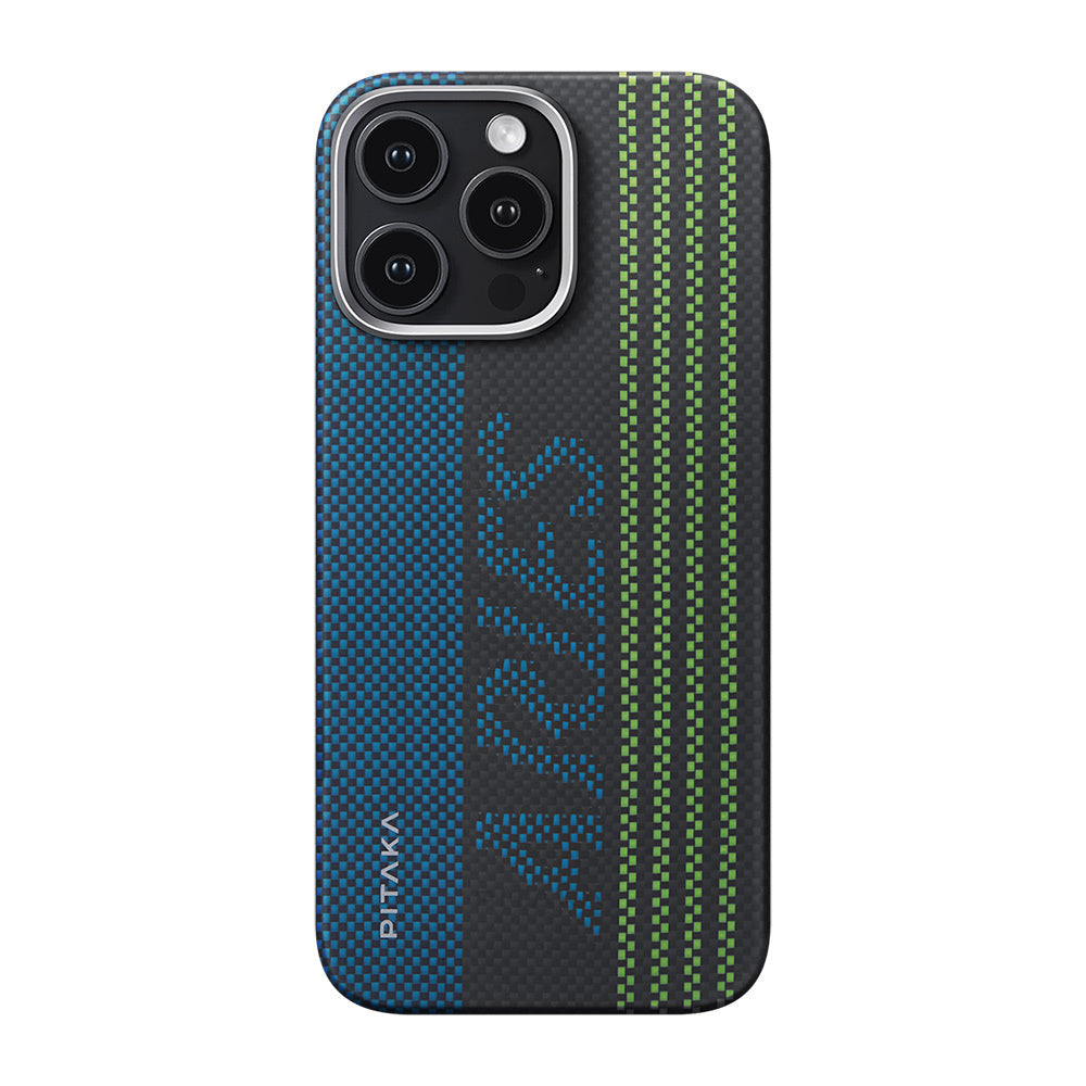 Apple iPhone 16 Pro Max Kılıf M-safe Şarj Özellikli Lumintex Teknolojili Fosforlu Aramid Fiber Pitaka Tactile Woven Aries Serisi Credit Card Kapak - Görsel 2