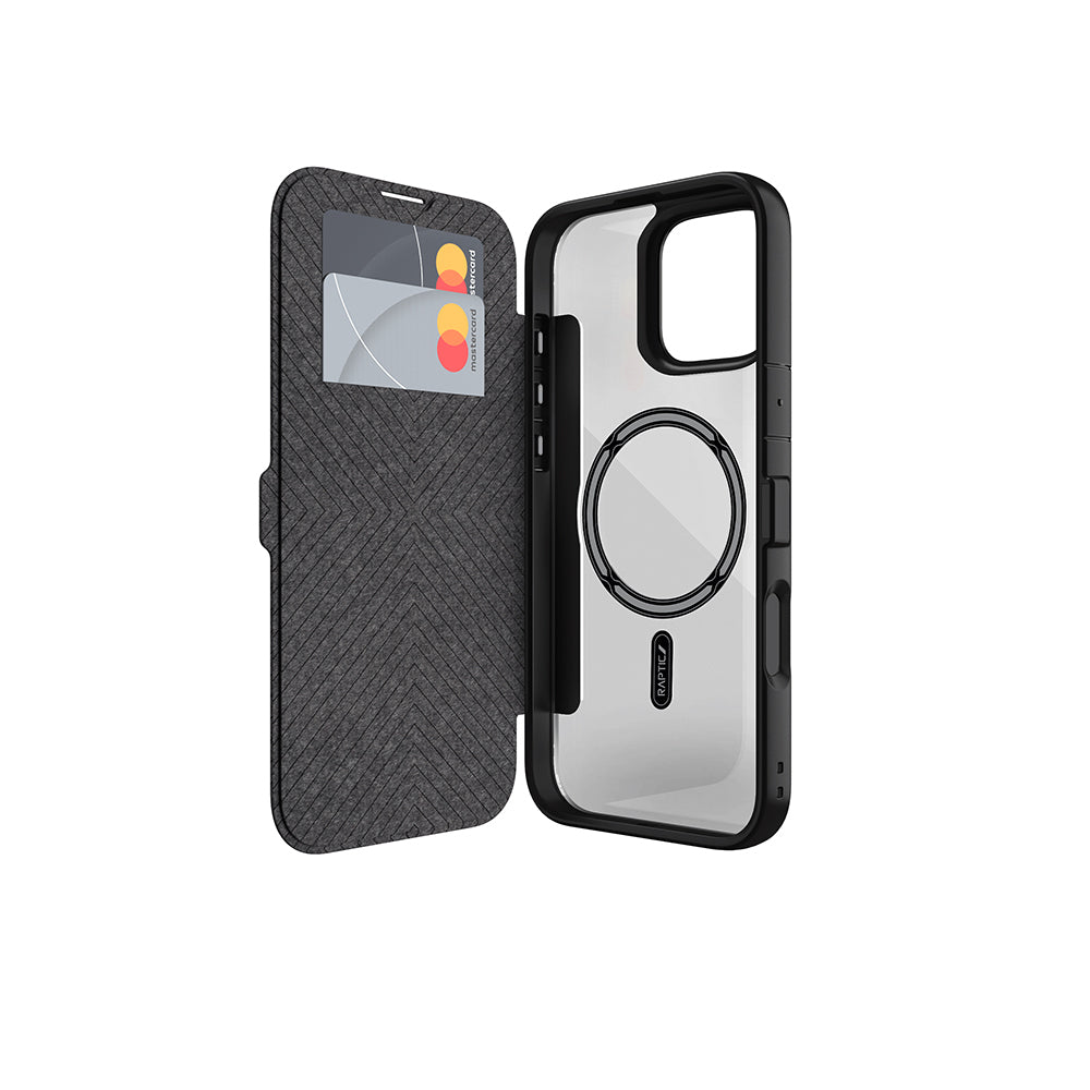 Apple iPhone 16 Pro Max Kılıf M-safe Şarj Özellikli Vegan Deri Tasarımlı Şeffaf Arka Yüzey Kartlıklı Raptic Urban Folio Serisi Kapak - Görsel 2