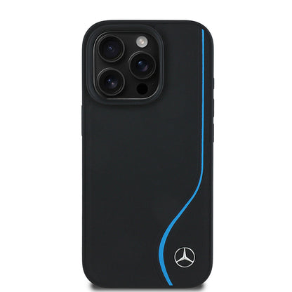 Apple iPhone 16 Pro Max Kılıf Mercedes Benz Orjinal Lisanslı M-safe Şarj Özellikli 3D Metal Logolu Mavi Dikey Eğri Çizgili Deri Kapak - Görsel 2
