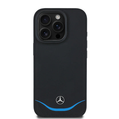 Apple iPhone 16 Pro Max Kılıf Mercedes Benz Orjinal Lisanslı M-safe Şarj Özellikli 3D Metal Logolu Mavi Yatay Eğri Çizgili Deri Kapak - Görsel 2