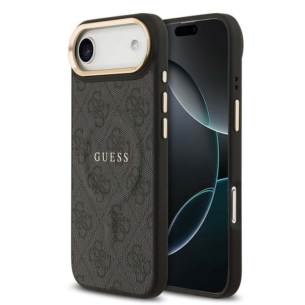 Apple iPhone 17 Air Kılıf Guess Orjinal Lisanslı M-safe Şarj Özellikli Gold Metal Kamera Çerçeveli PU Deri 4G Desenli Yazı Logolu Kapak - Görsel 2