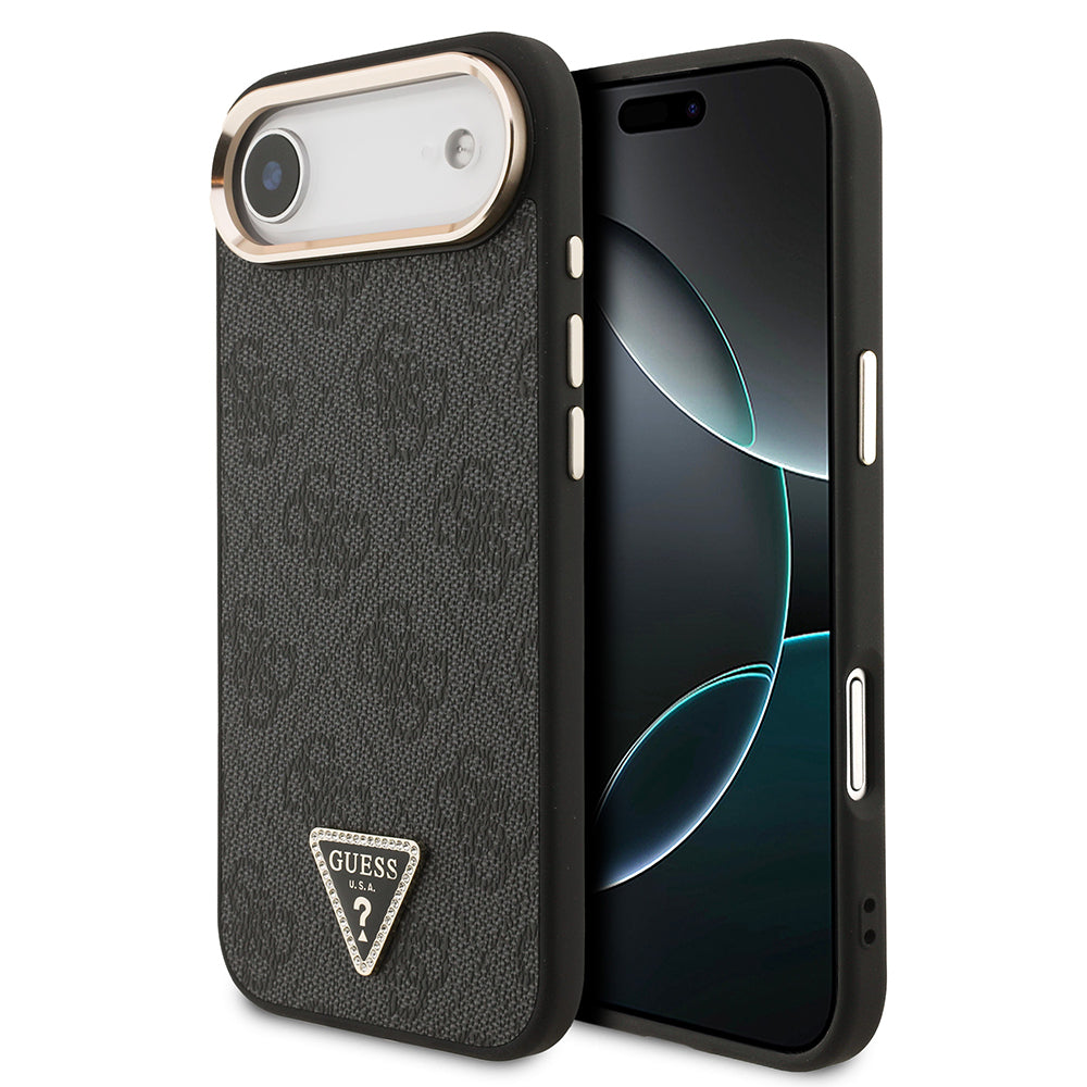 Apple iPhone 17 Air Kılıf Guess Orjinal Lisanslı M-safe Şarj Özellikli Gold Metal Kamera Çerçeveli Taşlı Üçgen Logo 4G Desenli Kapak - Görsel 2