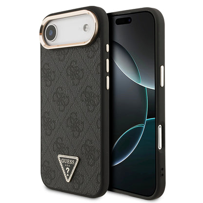 Apple iPhone 17 Air Kılıf Guess Orjinal Lisanslı M-safe Şarj Özellikli Gold Metal Kamera Çerçeveli Taşlı Üçgen Logo 4G Desenli Kapak - Görsel 2
