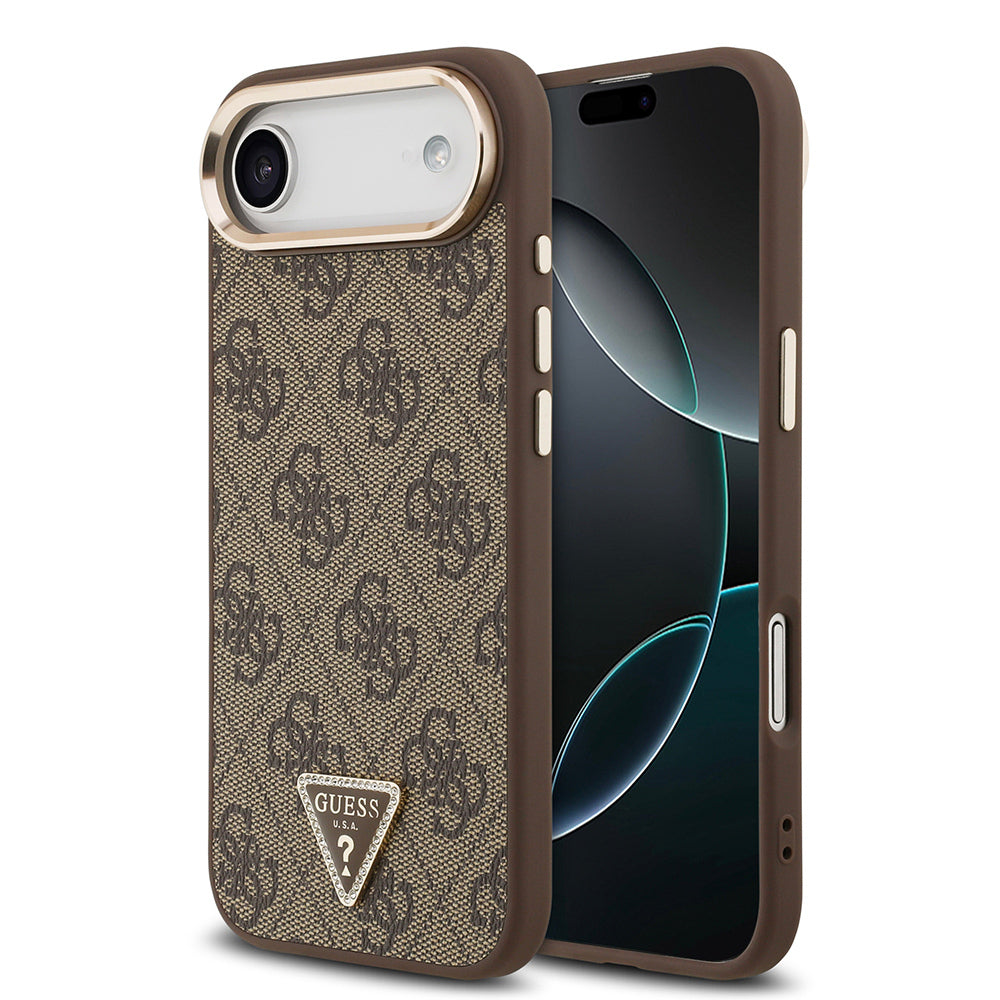 Apple iPhone 17 Air Kılıf Guess Orjinal Lisanslı M-safe Şarj Özellikli Gold Metal Kamera Çerçeveli Taşlı Üçgen Logo 4G Desenli Kapak - Görsel 3
