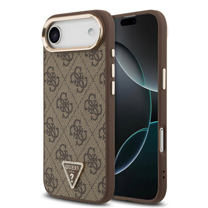 Apple iPhone 17 Air Kılıf Guess Orjinal Lisanslı M-safe Şarj Özellikli Gold Metal Kamera Çerçeveli Taşlı Üçgen Logo 4G Desenli Kapak - Görsel 3
