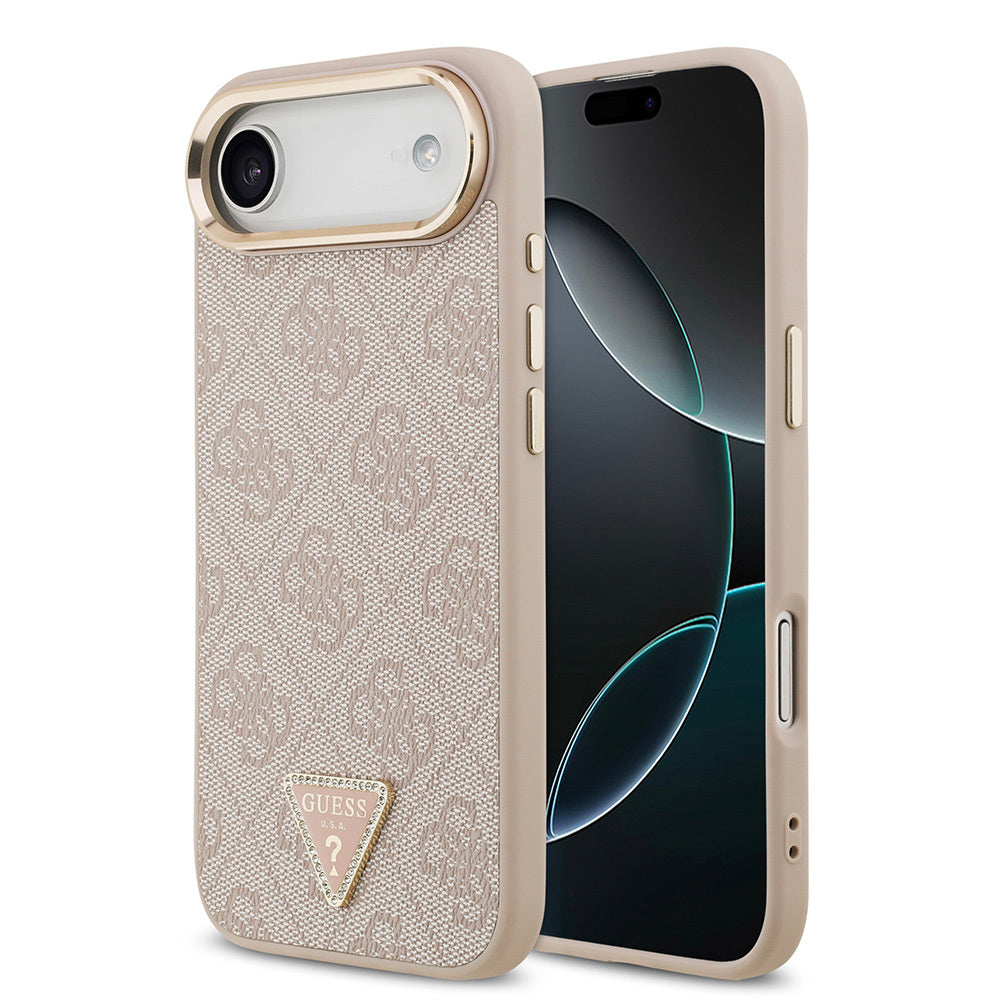 Apple iPhone 17 Air Kılıf Guess Orjinal Lisanslı M-safe Şarj Özellikli Gold Metal Kamera Çerçeveli Taşlı Üçgen Logo 4G Desenli Kapak - Görsel 4