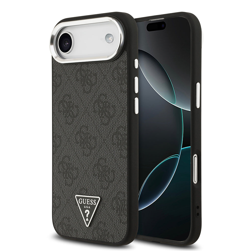 Apple iPhone 17 Air Kılıf Guess Orjinal Lisanslı M-safe Şarj Özellikli Gümüş Metal Kamera Çerçeveli Üçgen Logo 4G Desenli Kapak - Görsel 2