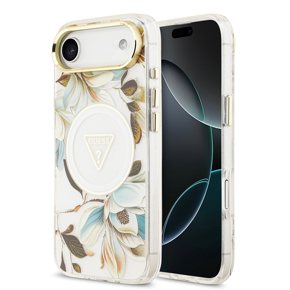 Apple iPhone 17 Air Kılıf Guess Orjinal Lisanslı M-safe Şarj Özellikli Simli Çiçek Desenli Metal Kamera Çerçeveli Üçgen Logolu Kapak - Görsel 5