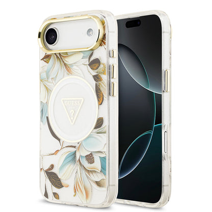 Apple iPhone 17 Air Kılıf Guess Orjinal Lisanslı M-safe Şarj Özellikli Simli Çiçek Desenli Metal Kamera Çerçeveli Üçgen Logolu Kapak - Görsel 5