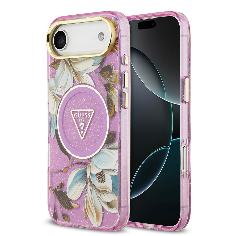 Apple iPhone 17 Air Kılıf Guess Orjinal Lisanslı M-safe Şarj Özellikli Simli Çiçek Desenli Metal Kamera Çerçeveli Üçgen Logolu Kapak - Görsel 3