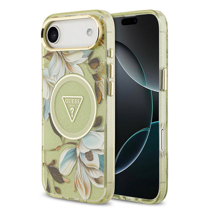 Apple iPhone 17 Air Kılıf Guess Orjinal Lisanslı M-safe Şarj Özellikli Simli Çiçek Desenli Metal Kamera Çerçeveli Üçgen Logolu Kapak - Görsel 2