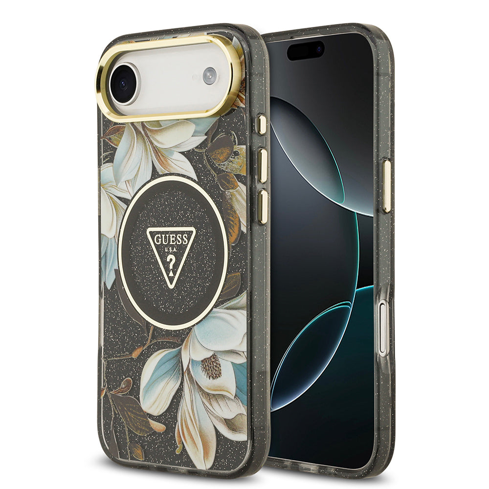 Apple iPhone 17 Air Kılıf Guess Orjinal Lisanslı M-safe Şarj Özellikli Simli Çiçek Desenli Metal Kamera Çerçeveli Üçgen Logolu Kapak - Görsel 4