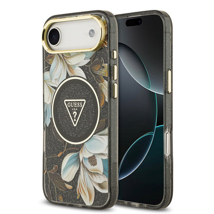Apple iPhone 17 Air Kılıf Guess Orjinal Lisanslı M-safe Şarj Özellikli Simli Çiçek Desenli Metal Kamera Çerçeveli Üçgen Logolu Kapak - Görsel 4
