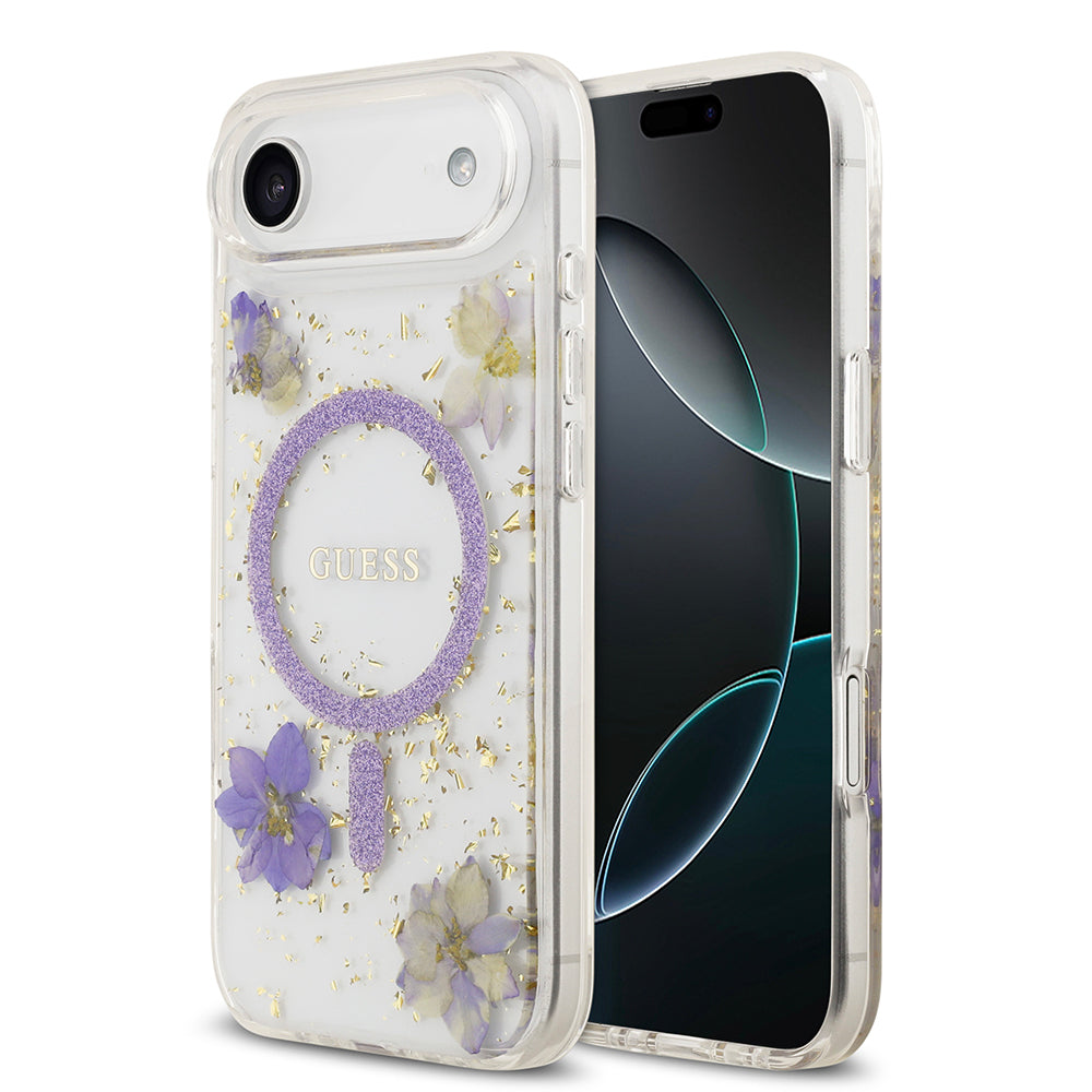 Apple iPhone 17 Air Kılıf Guess Orjinal Lisanslı M-safe Şarj Özellikli Transparan Resin Flowers Kapak - Görsel 3